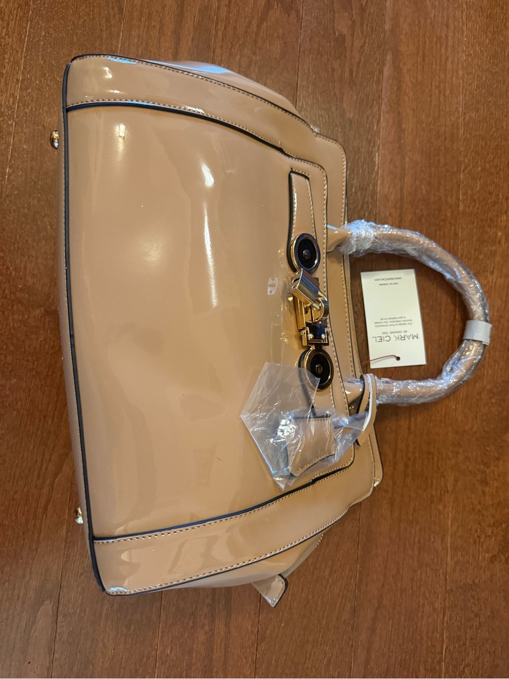 Nude Patent Satchel with Gold Hardware